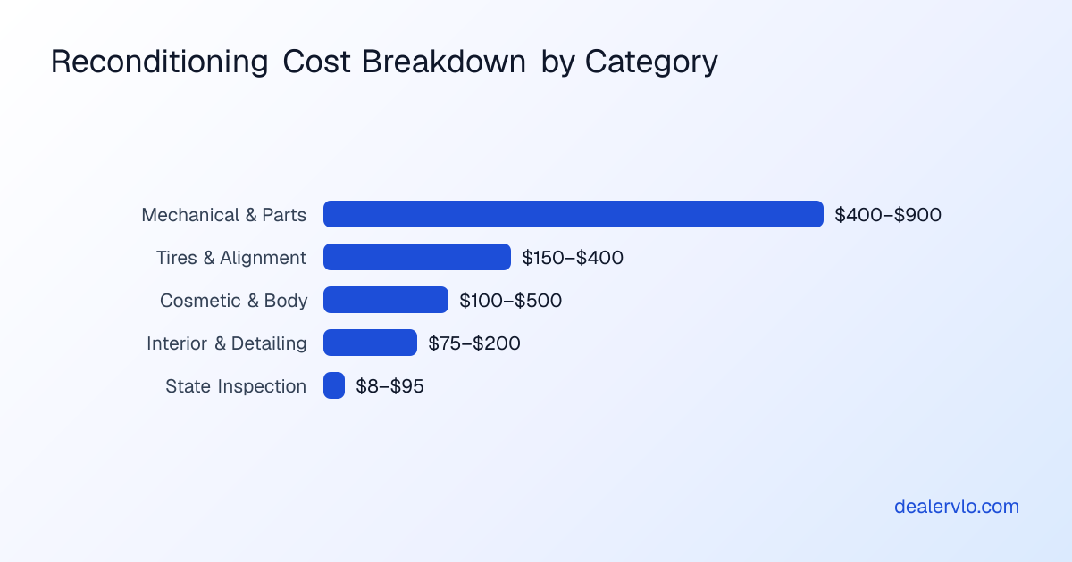 Reconditioning cost breakdown by category: mechanical repairs, tires and alignment, cosmetic and body work, interior detailing, and state inspection fees