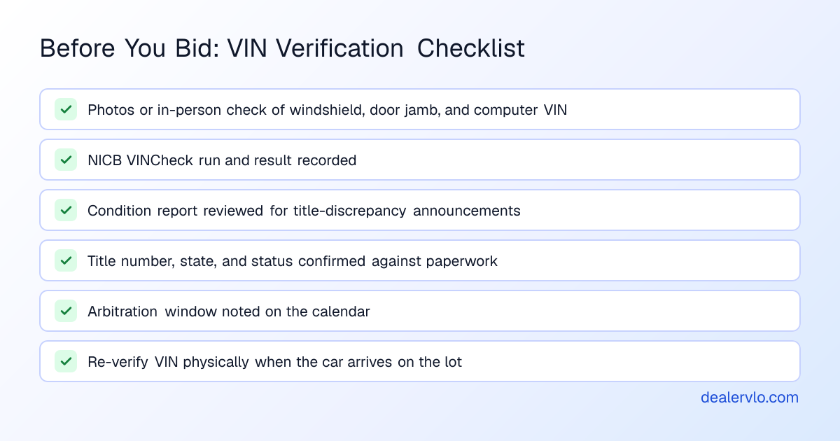 A checklist of the pre-bid and post-purchase steps that make up a vin verification dealer protocol for catching stolen and title-washed cars.