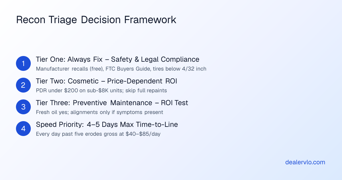 Decision framework showing what not to fix during recon organized by safety priority, cosmetic ROI, and preventive maintenance cost-benefit