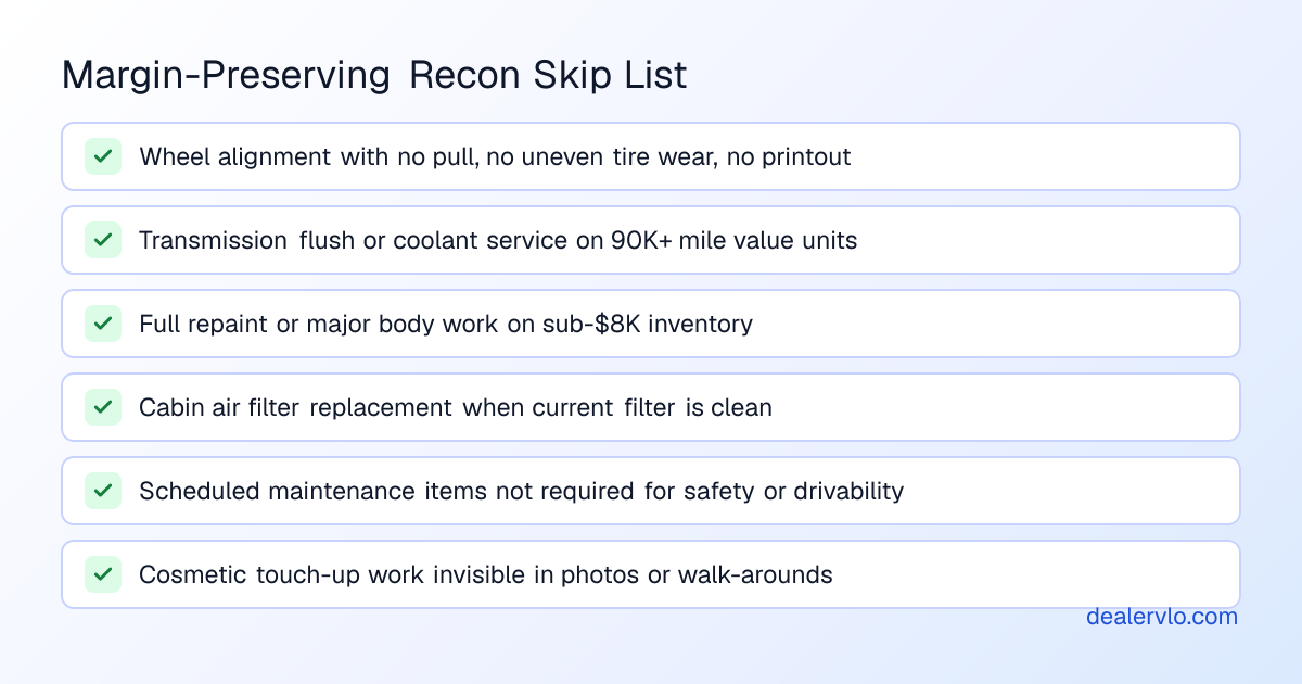 Checklist showing reconditioning decisions that preserve margin including symptom-based alignments, price-dependent cosmetic work, and ROI-tested preventive maintenance