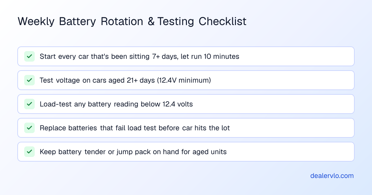 Used car lot winter preparation starts with testing and rotating batteries to prevent dead cranking power when a buyer arrives