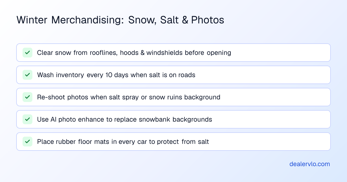 Keeping used cars clean and re-shooting listing photos when winter weather damages merchandising value