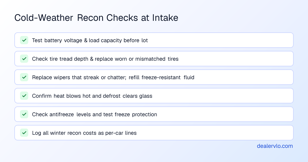 Recon checklist for used cars in winter: batteries, tires, wipers, heat, defrost, and antifreeze levels