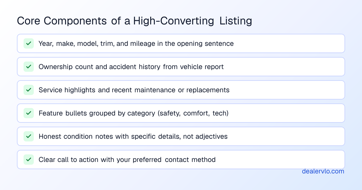 Core components of a high-converting used car listing for independent dealers