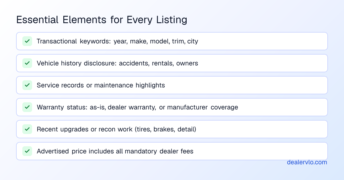 Checklist of essential elements for every used car listing description