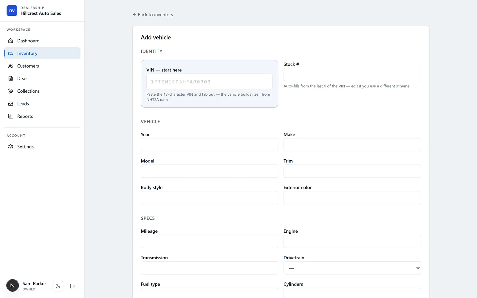 DealerVLO add-vehicle form with a 'VIN — start here' field that decodes the year, make, model, and trim from the VIN, plus stock number and specs