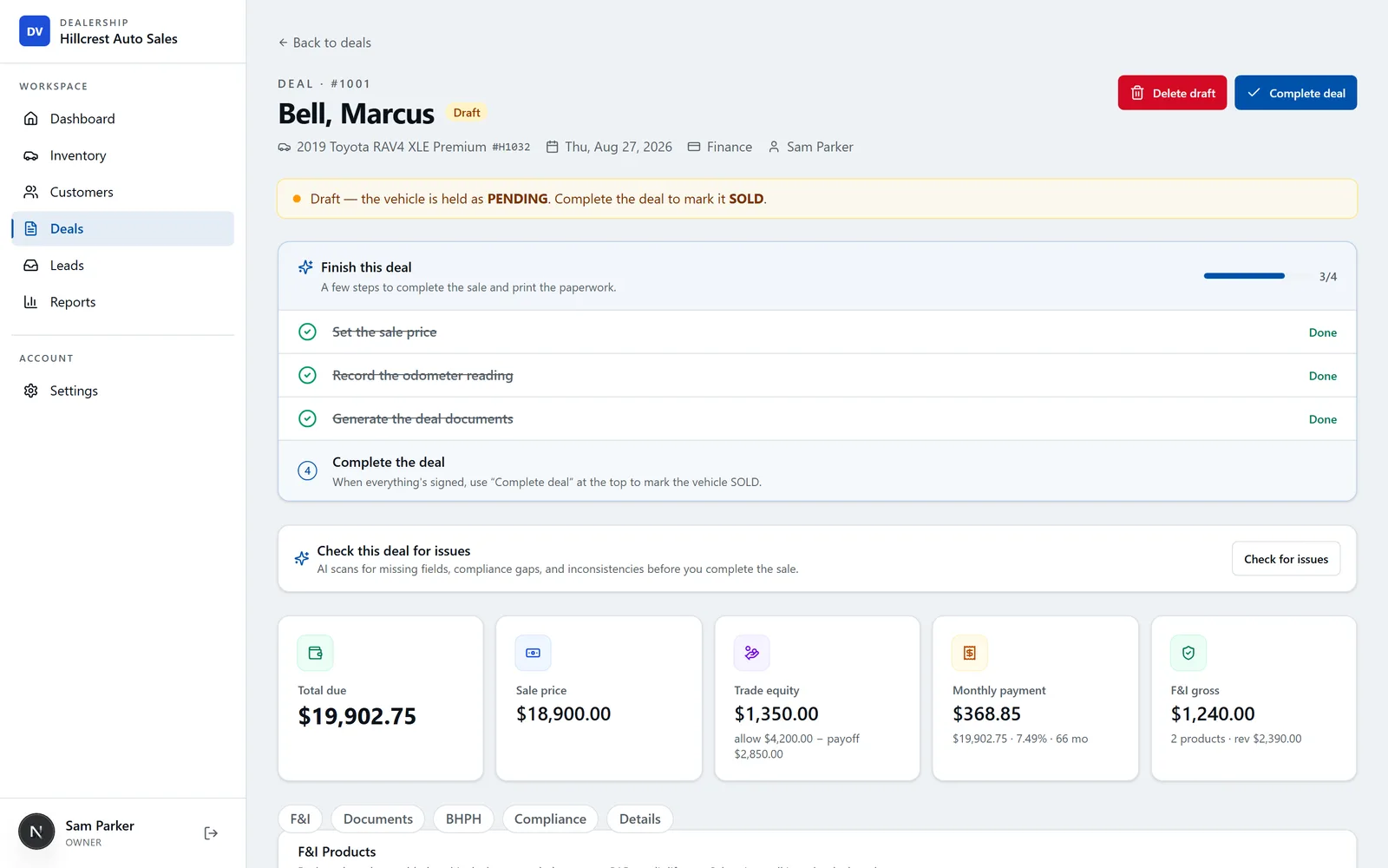DealerVLO deal jacket with total due, sale price, trade equity, monthly payment, and F&I gross computed from one deal screen