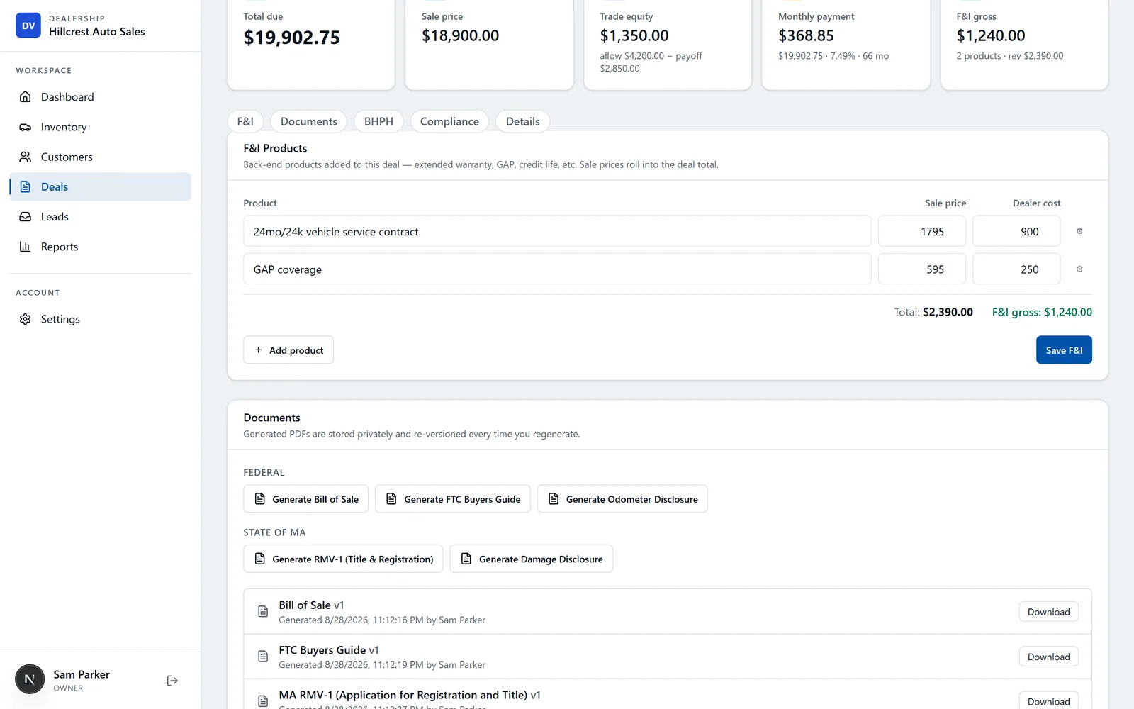 DealerVLO document generation — federal Bill of Sale, FTC Buyers Guide, Odometer Disclosure, and state title forms generated from the deal jacket