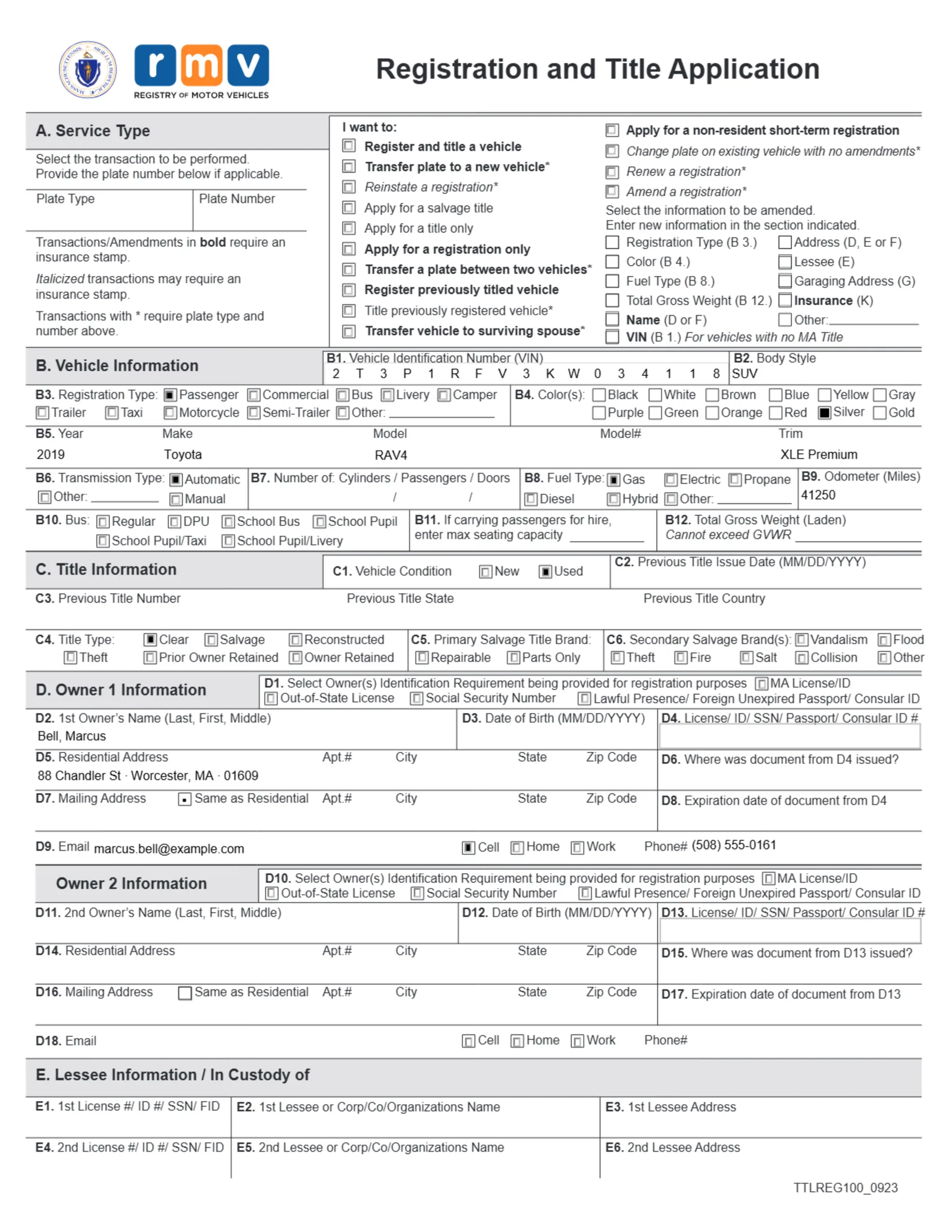 Official Massachusetts RMV-1 Registration and Title Application automatically filled by DealerVLO — VIN, vehicle, buyer, and sale details already in place