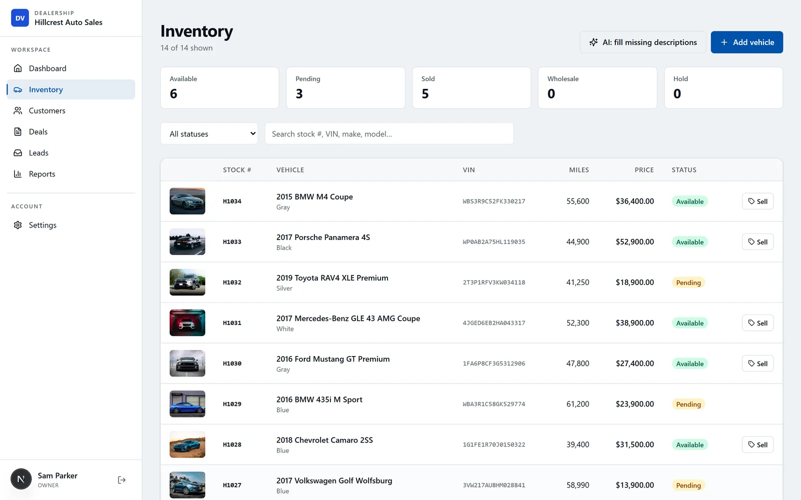 DealerVLO inventory list with photos, stock numbers, VINs, mileage, prices, and status for a used-car dealership