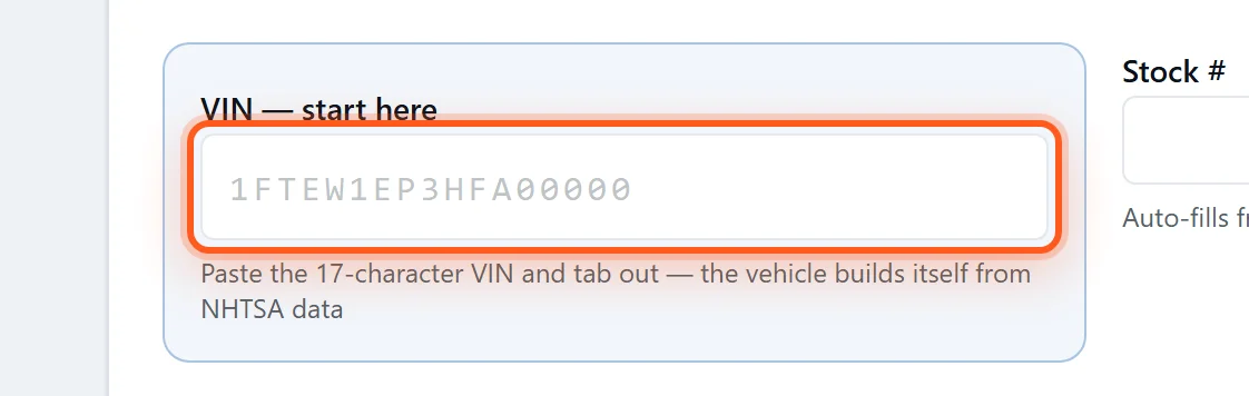 The 'VIN — start here' field highlighted at the top of the DealerVLO add-vehicle form