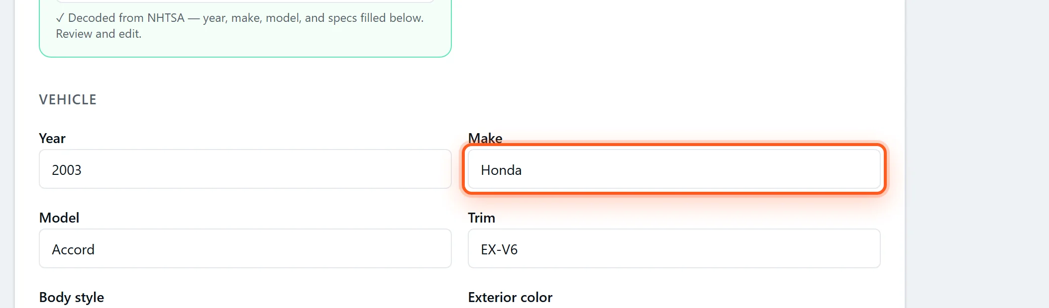 DealerVLO showing Year 2003, Make Honda, Model Accord, Trim EX-V6 auto-filled after a VIN decode, with a green 'Decoded from NHTSA' confirmation