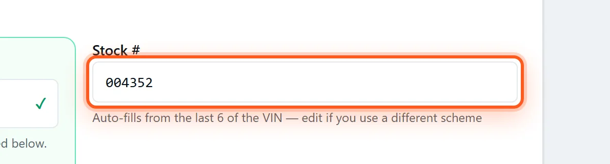 The Stock # field on the DealerVLO add-vehicle form, auto-filled from the last six of the VIN
