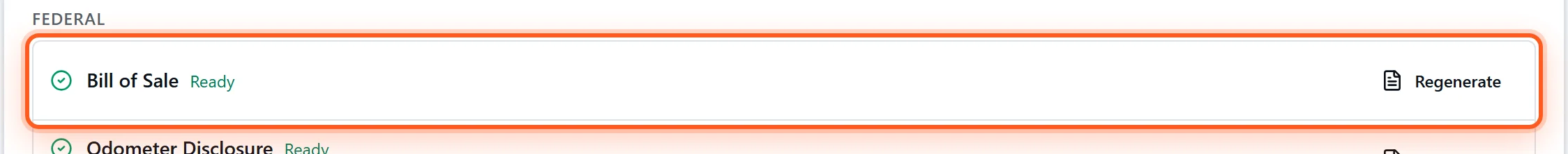 The Bill of Sale row in the DealerVLO document checklist, marked Ready, with a Generate/Regenerate button highlighted