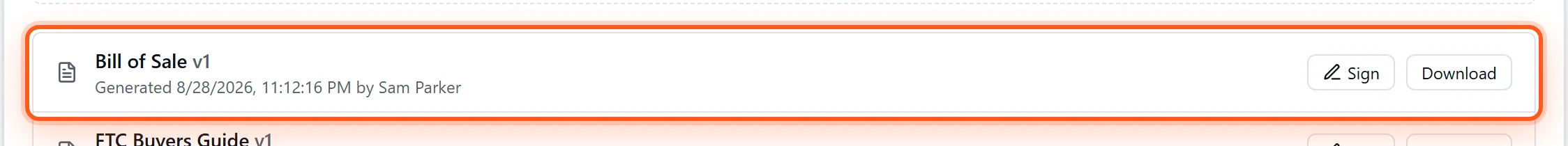 A generated Bill of Sale row in DealerVLO showing the version, the date generated, and Sign and Download buttons, highlighted