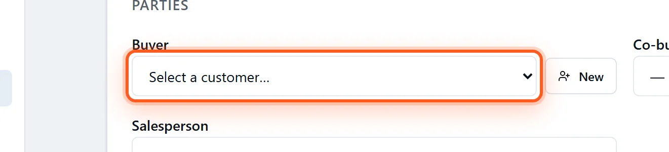 The Buyer dropdown on the DealerVLO new-deal form, highlighted, with a 'New' button beside it