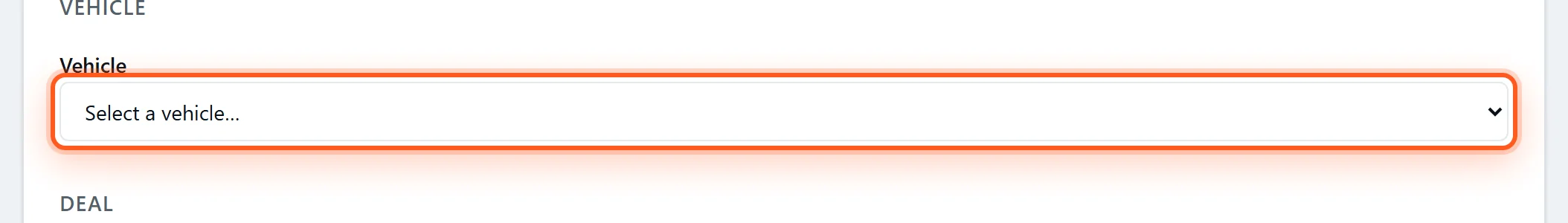 The Vehicle dropdown on the DealerVLO new-deal form, highlighted