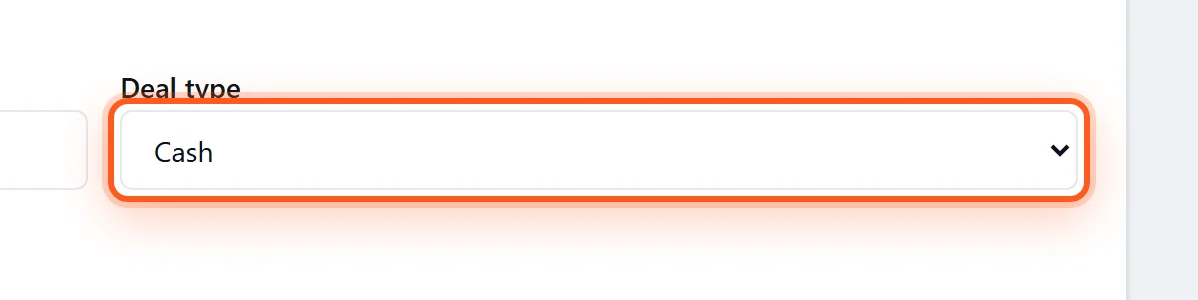 The Deal type selector on the DealerVLO new-deal form set to Cash, highlighted