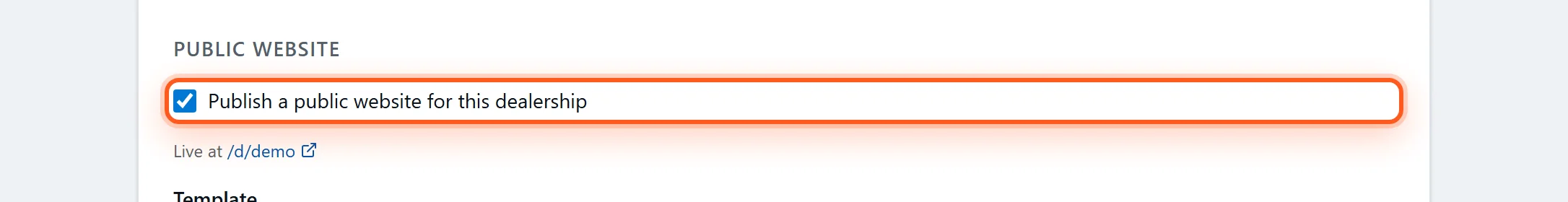 The 'Publish a public website for this dealership' checkbox in DealerVLO settings, highlighted, with a 'Live at' link below