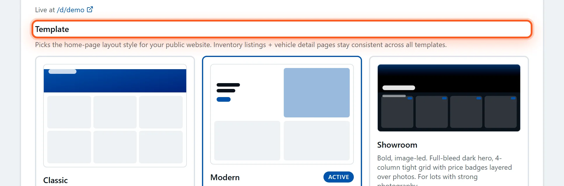 The website template picker in DealerVLO settings showing Classic, Modern, and Showroom options, highlighted
