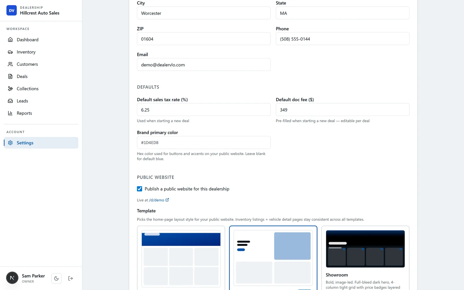 DealerVLO public-website settings: a toggle to publish the dealership website and a template picker (Classic, Modern, Showroom)